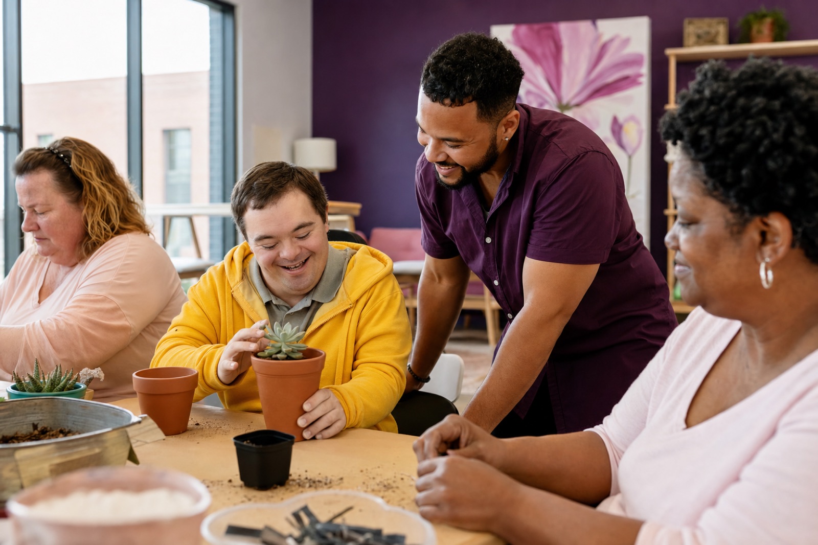 Adults and a support professional participating in a community day program activity