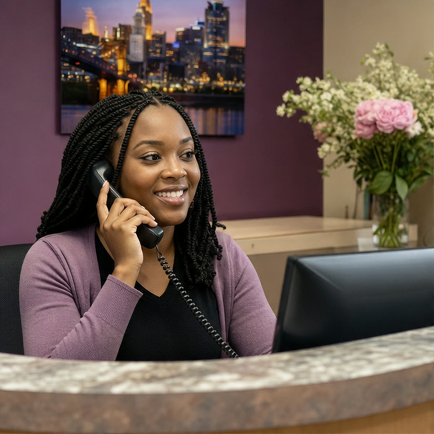 A friendly Cincinnati care coordinator answering the office phone