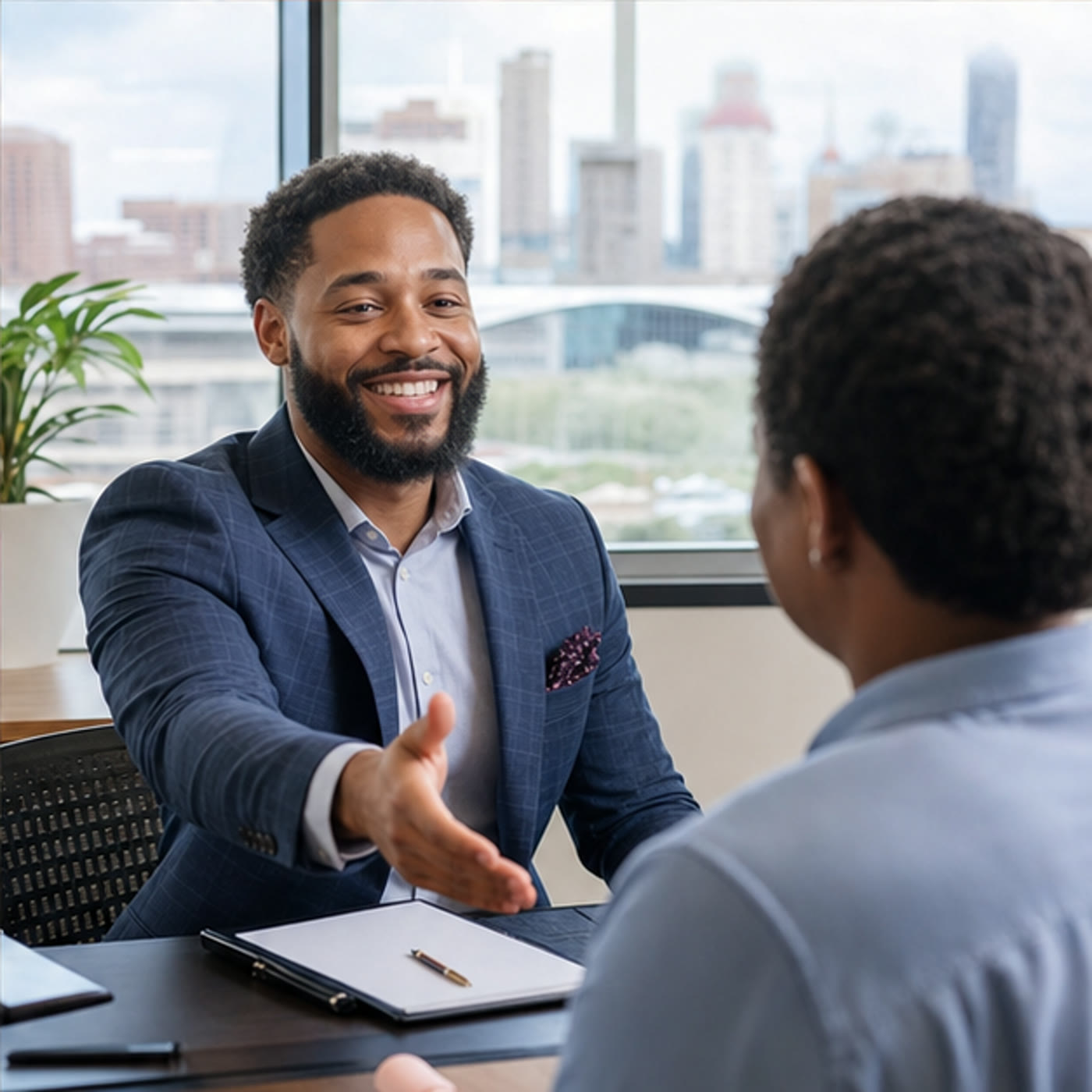 A hiring manager welcoming a candidate during a community-care interview