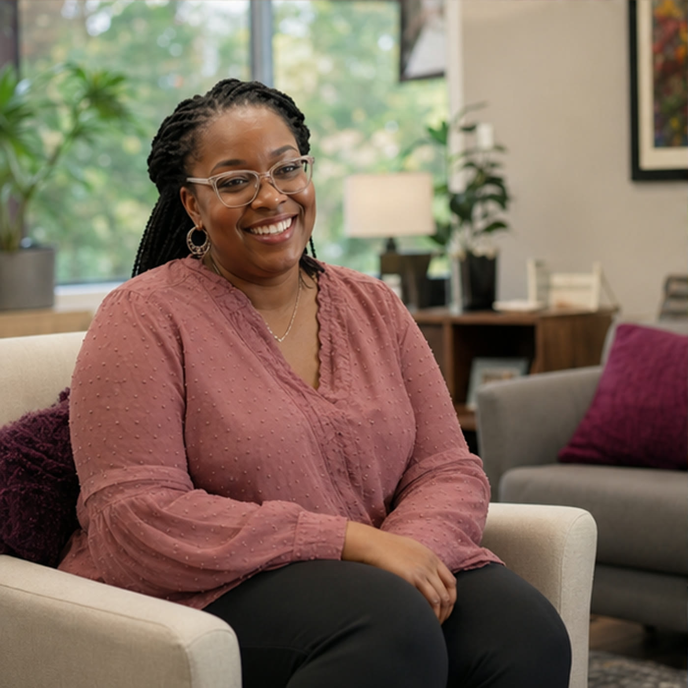 A compassionate clinician in a warm Cincinnati counseling office