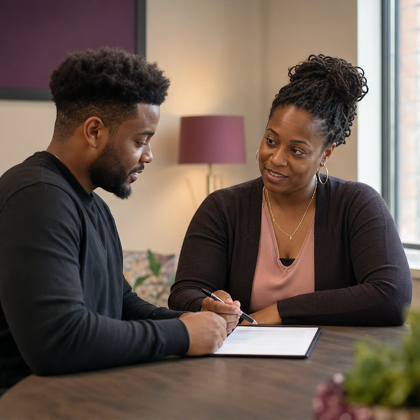 A staff member and client building a person-centered plan together