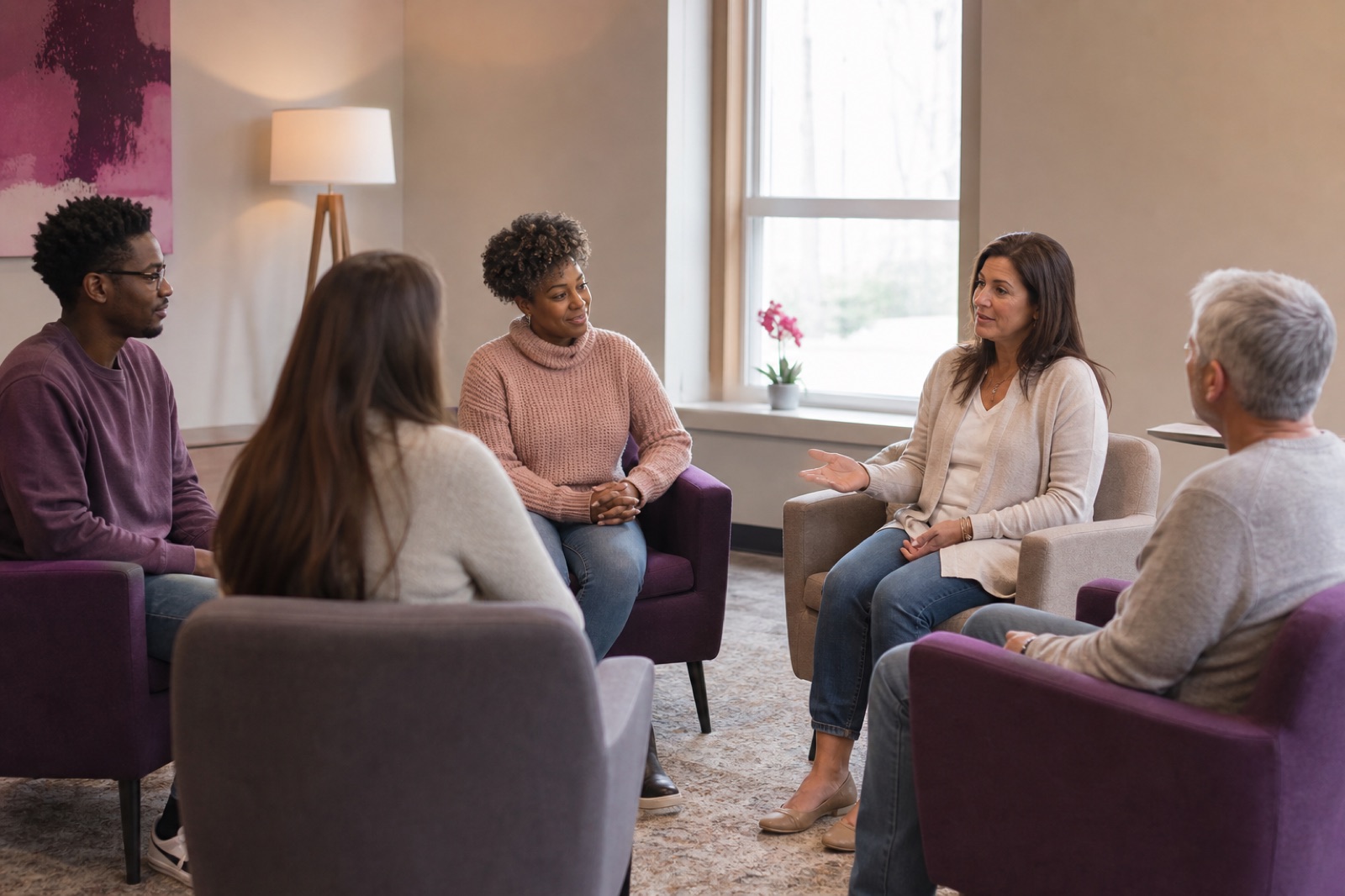 A diverse peer support group having a respectful recovery conversation