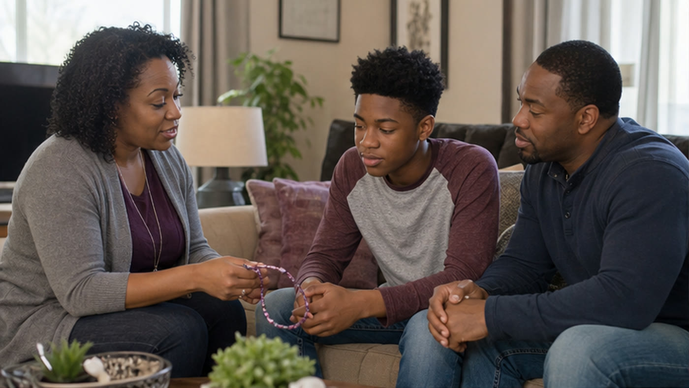 A behavioral support professional meeting with a teenager and parent at home
