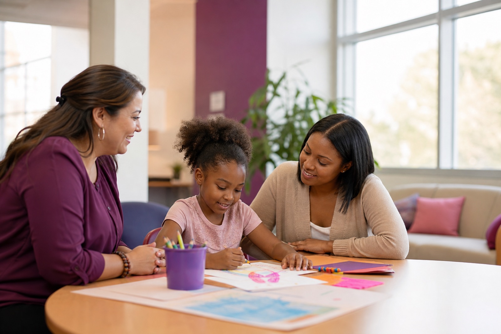 A counselor and parent supporting a child during a creative activity